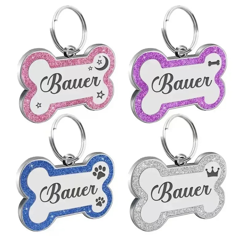 Customize Double-Sided Dog & Cat ID Tag - Glitter Design, Anti-Lost Bone Shape Essential Pet Collar Accessory for Identification
