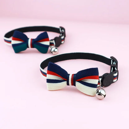 British-style striped bow tie with bells and cat collar, pet anti-asphyxiation collar, pet wedding bow, essential for daily fash