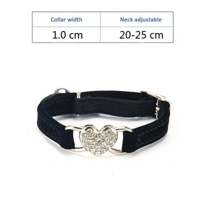 Soft Comfortable Plush Cat Collar Faux Diamond Heart Elastic Rubber Design with Bell Breakaway Safety Essential Pet Accessary