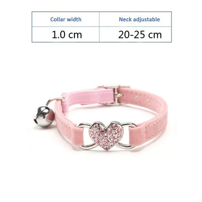 Soft Comfortable Plush Cat Collar Faux Diamond Heart Elastic Rubber Design with Bell Breakaway Safety Essential Pet Accessary