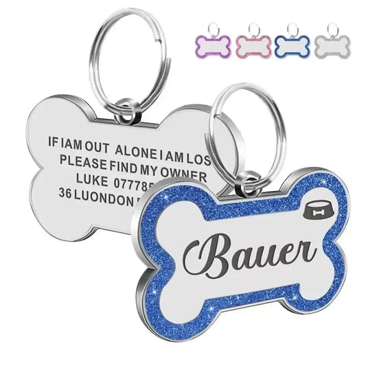 Customize Double-Sided Dog & Cat ID Tag - Glitter Design, Anti-Lost Bone Shape Essential Pet Collar Accessory for Identification