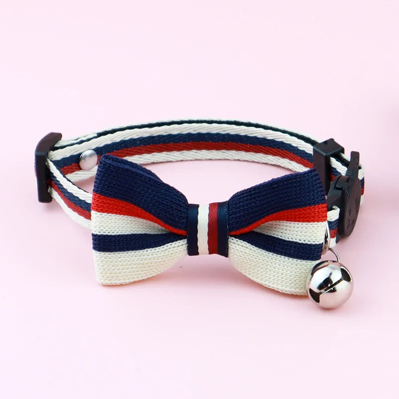 British-style striped bow tie with bells and cat collar, pet anti-asphyxiation collar, pet wedding bow, essential for daily fash