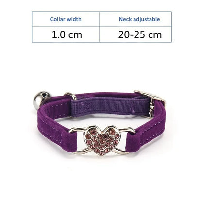 Soft Comfortable Plush Cat Collar Faux Diamond Heart Elastic Rubber Design with Bell Breakaway Safety Essential Pet Accessary