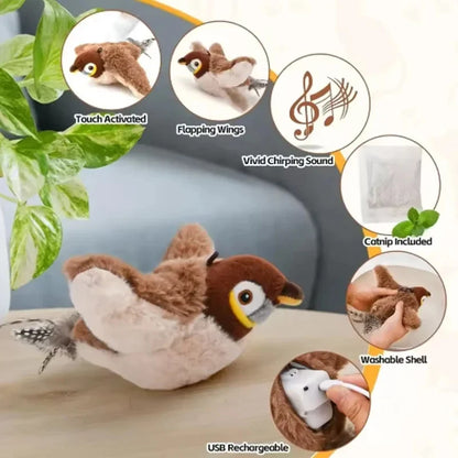 2026 Hot-Selling Pet Toy Charging Interactive Simulation Bird Cat Toy Touch Activation Chirping Flapping Plush Pet Toys Cats And