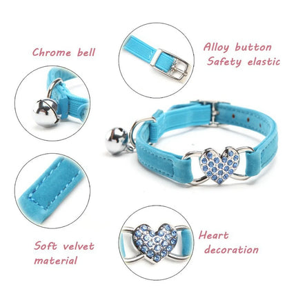 Soft Comfortable Plush Cat Collar Faux Diamond Heart Elastic Rubber Design with Bell Breakaway Safety Essential Pet Accessary